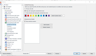Trados Studio options dialog showing 'Context Processing' with options to skip cells having the selected color and to only include cells having the selected color.