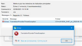 Trados Studio error message window showing 'Erreur TranslationProviderThrowException' with an 'OK' button.