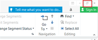 Trados Studio 2019 interface showing the 'Tell me what you want to do' search bar, 'Sign In' button, and the non-responsive 'Restore' window button highlighted in red.