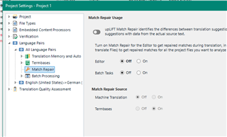 Trados Studio Project Settings window showing Match Repair option turned on under Translation Memory and Automated Translation section.