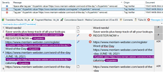 Trados Studio interface showing the Word nerds file with merged segments 4 to 8 highlighted.