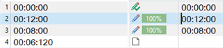 Screenshot of Trados Studio interface showing four timecode segments with the first segment confirmed without a TM, indicated by no underlines.