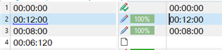 Screenshot of Trados Studio interface showing four timecode segments with the second segment confirmed using a TM, indicated by a single blue underline on the timecode.