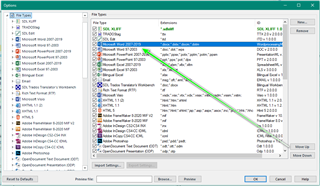 Trados Studio screenshot showing File Options with the filter list. The Microsoft Word 2007-2019 filter is highlighted and placed first above the Word 97-2003 filter.