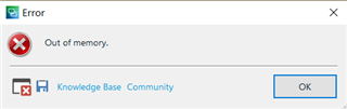 Error dialog box with a red cross icon displaying the message 'Out of memory.' with options for Knowledge Base and Community below, and an OK button.
