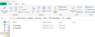 File Explorer window showing the path C: Users Steven Hale AppData Roaming SDL SDL Trados Studio 16 Plugins with a folder named 'Packages'.