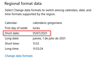 Windows Regional format data settings showing Calendar as Gregorian, first day of week as Monday, and Short date format as 01072021 highlighted.