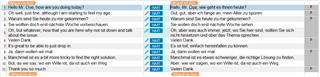 Screenshot of Trados Studio interface showing the imported dialogue with English on the left and machine-translated German on the right, no errors visible.
