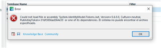 Error message in Trados Studio stating 'Could not load file or assembly 'System.IdentityModel.Tokens.Jwt, Version=5.6.0.0, Culture=neutral, PublicKeyToken=31bf3856ad364e35' or one of its dependencies. El sistema no puede encontrar el archivo especificado.' with an OK button.