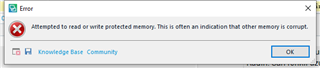 Error dialog box in Trados Studio with a red cross icon, stating 'Attempted to read or write protected memory. This is often an indication that other memory is corrupt.' with an OK button.