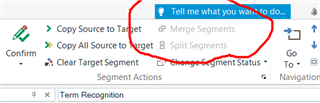 Trados Studio screenshot showing the 'Merge Segments' and 'Split Segments' functions circled in red and a 'Tell me what you want to do...' search bar at the top.