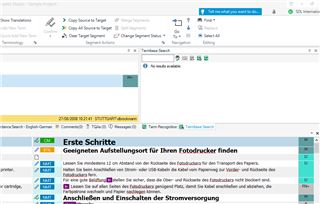 Trados Studio editor interface showing segments 1 and 2 with merge and split options greyed out.