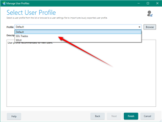 Trados Studio Select User Profile window showing a dropdown menu with 'Default' selected and a field for profile description.