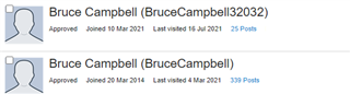 Two user profiles for Bruce Campbell in Trados Studio community. Top profile: BruceCampbell32032, 25 posts. Bottom profile: BruceCampbell, 399 posts.