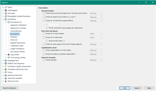 Screenshot of Trados Studio QA Checker 3.0 settings showing various options for punctuation, numbers, and consistency checks with warnings for punctuation and numbers.