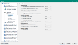Screenshot of Trados Studio QA Checker 3.0 settings under Language Pairs, showing options for punctuation, numbers, and consistency checks with warnings for punctuation and numbers.