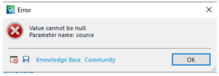 Error dialog box in Trados Studio with a red cross icon and message 'Value cannot be null. Parameter name: source' with Knowledge Base and Community links and an OK button.