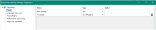 Screenshot of Trados Studio project template settings displaying 'Name' and 'Value' columns with two entries: 'Sort Methodology' and 'File Codes'.