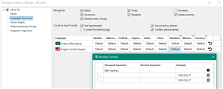 Detailed view of 'Number Formats' settings in Trados Studio showing options for thousand separator and decimal separator.