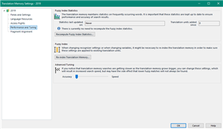 Screenshot of Trados Studio Translation Memory Settings window with notification about failure to automatically save settings.