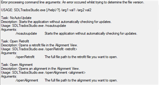 Error message in Trados Studio stating 'Error processing command line arguments: An error occurred whilst trying to determine the file version.' followed by usage instructions for various tasks.