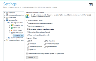 Trados Studio settings screenshot with options for Translation Memory Updates, including 'Merge segments', 'Add new translation', and 'Overwrite existing translation units'.