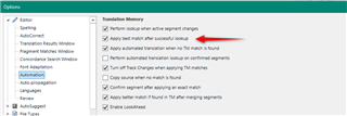 Trados Studio options menu with Translation Memory settings, showing an arrow pointing to 'Apply Automated Translation' option with a red box indicating it's not selected.