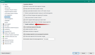 Trados Studio Options window showing Translation Memory settings with 'Enable Lookahead' option highlighted in red indicating a potential issue.