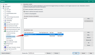 Screenshot of Trados Studio options menu with embedded content processing settings, highlighting a default rule and a square bracket rule without errors.