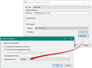 Screenshot of Trados Studio 'AddEdit Embedded Content Rule' dialog box with an advanced settings section showing the 'Tag content to exclude' option selected.