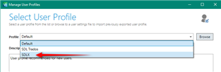 Trados Studio 'Select User Profile' window with 'Profile' dropdown menu open showing 'Default' and 'SDLX' options, with a red arrow pointing to 'SDLX'.