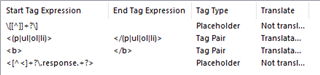 Screenshot of Trados Studio tag settings displaying four rules: a placeholder for numbers, a tag pair for bold text, and two placeholders for specific expressions.