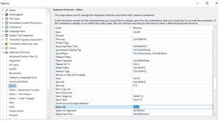 Trados Studio screenshot showing the Keyboard Shortcuts options window with a list of commands and their corresponding shortcut keys.