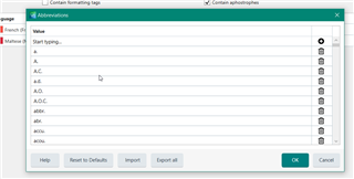 Popup window in Trados Studio titled 'Abbreviations Editing' with a list of abbreviations and options to add, remove, import, or export.