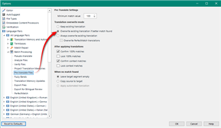 Trados Studio Options dialog showing Translation Memory settings with 'Overwrite existing translation' option highlighted.