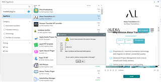 Trados Studio RWS AppStore window showing 'Installed plug-ins' tab with 'Alexa Translations A.I' selected.