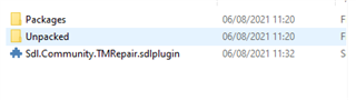 Screenshot of Trados Studio Plugins folder showing three items: Packages, Unpacked, and Sdl.Community.TMRepair.sdlplugin with their respective modification dates.