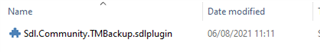 Screenshot of the content of 'Packages' folder in Trados Studio showing one item: Sdl.Community.TMBackup.sdlplugin with its modification date.