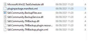 Screenshot of the content of 'Sdl.Community.TMBackup' folder showing multiple files including .dll, .exe, and .xml with their respective modification dates and no visible errors or warnings.