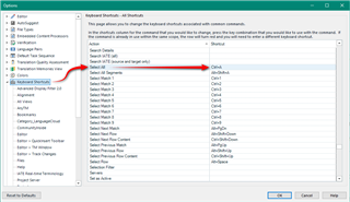 Trados Studio Options dialog showing Keyboard Shortcuts tab with a list of commands and their associated shortcuts. A red arrow points to the 'Select All' command with the shortcut 'Ctrl+A'.