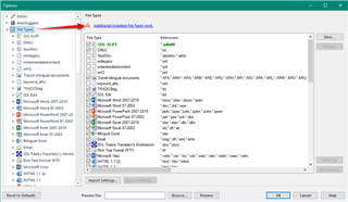 Trados Studio Options window showing File Types settings with an arrow pointing to 'Add file types to this list' option.
