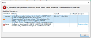 Error message in Trados Studio indicating failure to open Review Manager with additional information in German and an 'OK' button.