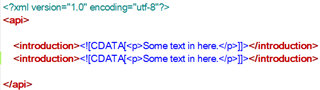 XML code snippet with duplicate 'introduction' elements containing CDATA sections with text 'Some text in here.'