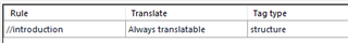 Trados Studio rule configuration table showing 'Always translatable' and 'structure' for the 'introduction' rule.