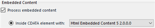 Trados Studio embedded content processing option set to 'Inside CDATA element with: Html Embedded Content 5.2.0.0'.