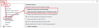 Trados Studio screenshot showing the Options menu with Translation Memory and Automated Translation settings. Highlighted option 'Apply automated translation when no TM match is found'.