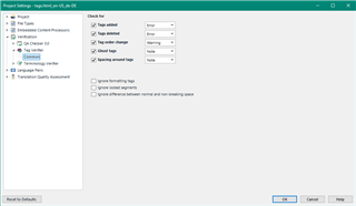 Trados Studio project settings window showing options for checking for missing formatting tags.
