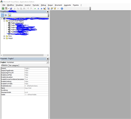 Screenshot of Microsoft Visual Basic, Applications Edition interface with a project explorer window on the left and properties window on the right, text content is blurred out.