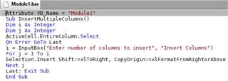 Visual Basic code snippet for a subroutine named 'InsertMultipleColumns' in a module.