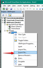 Screenshot of Microsoft Visual Basic for Applications showing the option to export a VB module as a .bas file.